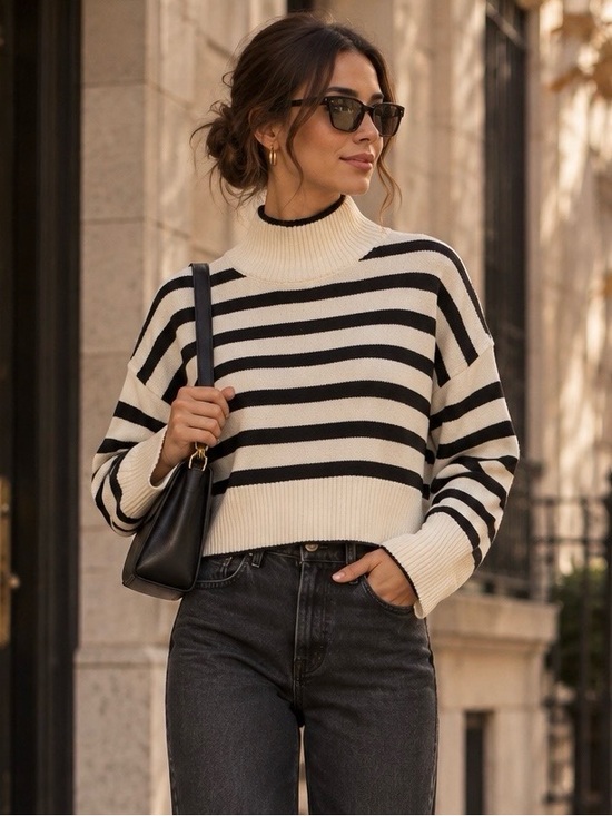 Divided Sweaters - H&M Striped Mock Neck Sweater Black Cream Cropped Oversized Size S